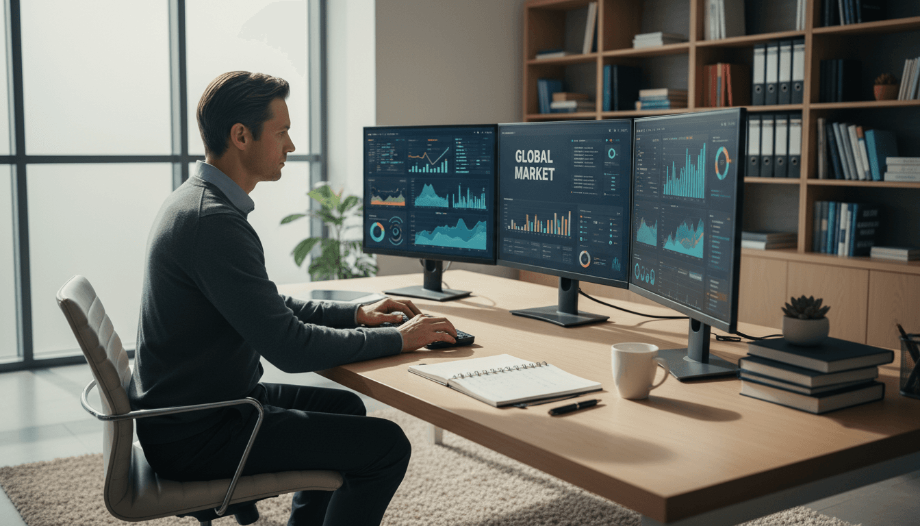 Data analyst reviewing analytics dashboards on multiple screens