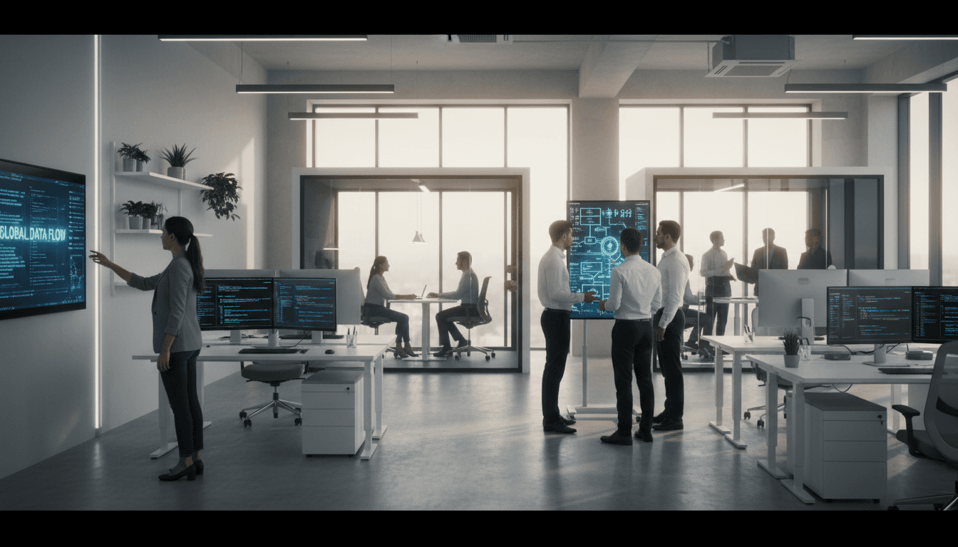 Team analyzing data dashboard with financial analytics on screens