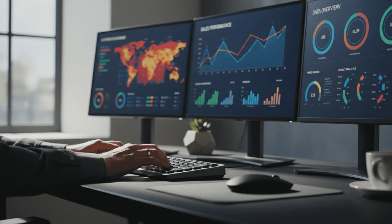 Data analyst reviewing financial analytics dashboards on multiple screens in modern office