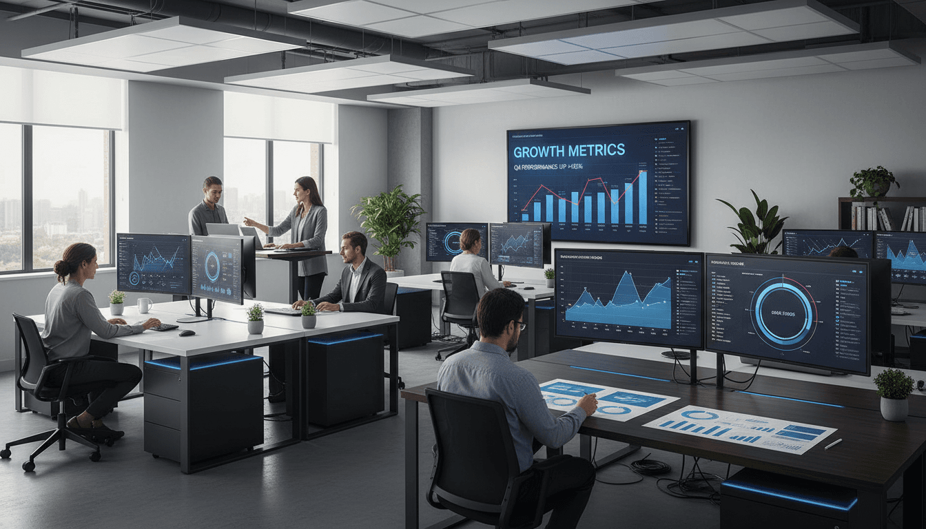 Data analytics team working together on business intelligence dashboard