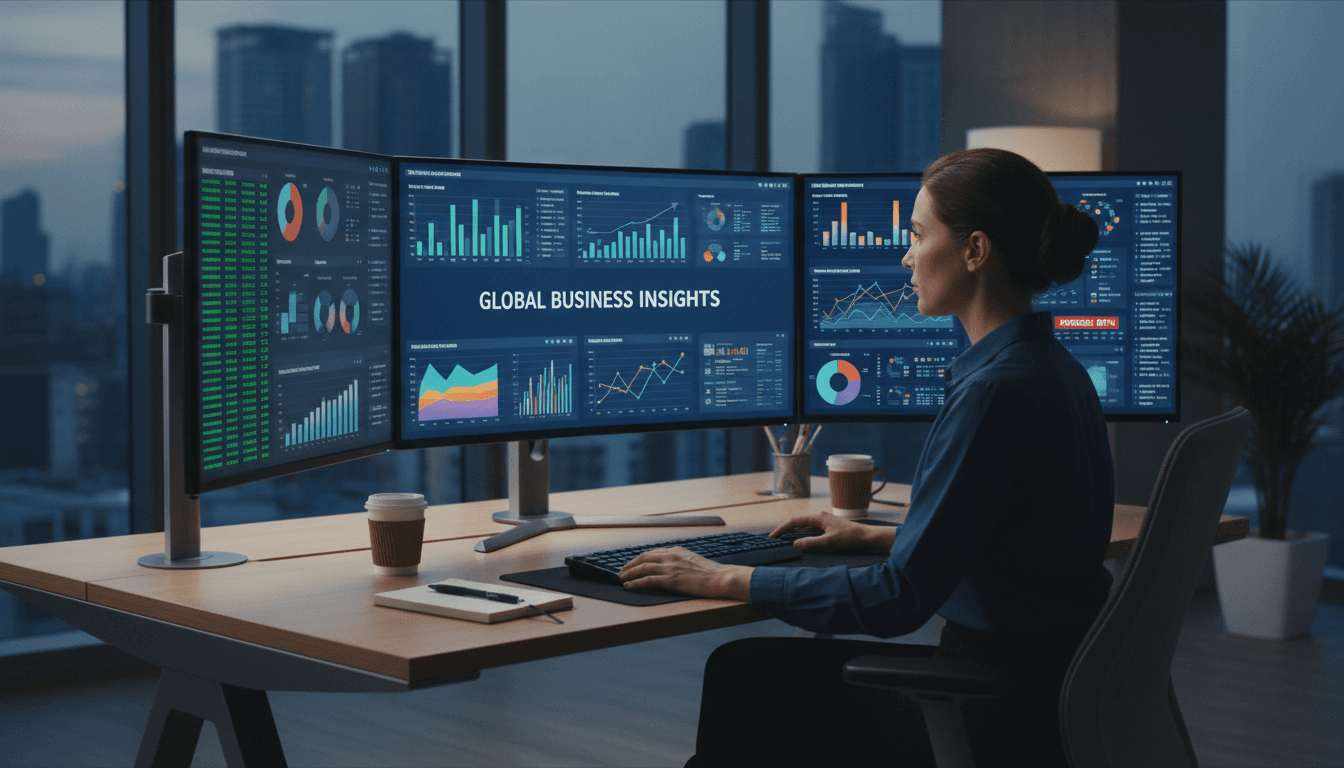 Data analyst reviewing analytics dashboards on multiple monitors