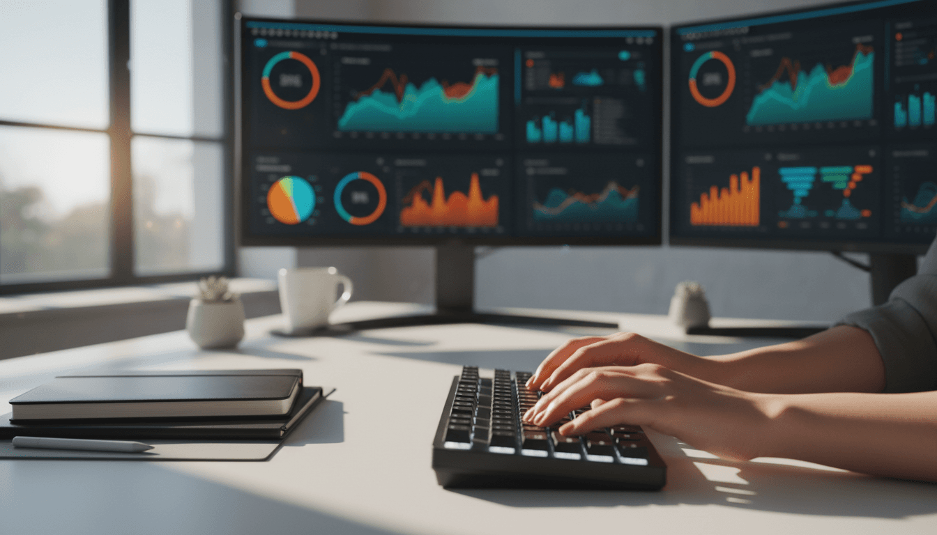 Data analyst reviewing analytics dashboards on modern workstation